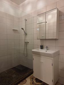 a white bathroom with a sink and a shower at Garden House in Budapest +29 photos