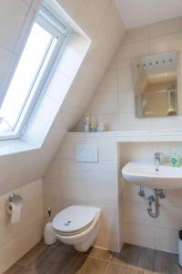 a bathroom with a toilet and a sink at Ferienhaus Nordsee2 in Dornum +25 photos