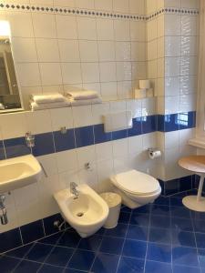 a blue and white bathroom with a toilet and a sink at Rivellino Guesthouse app 2 in Locarno +12 photos
