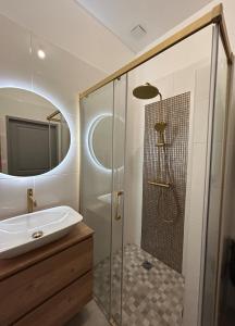 a bathroom with a sink and a shower at Appartement spacieux avec parking privé in Chalons en Champagne
