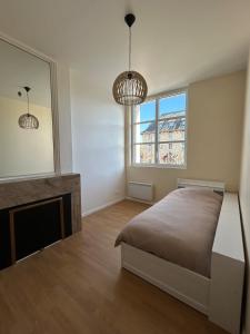 a bedroom with a bed and a fireplace and two chandeliers at Appartement spacieux avec parking privé in Chalons en Champagne