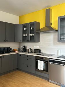 a kitchen with gray and yellow cabinets and appliances at Appartement spacieux avec parking privé in Chalons en Champagne