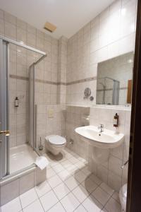 a bathroom with a sink and a toilet and a shower at Landhotel Der Buchenhof Bad Essen in Bad Essen +57 photos