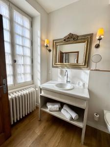a bathroom with a sink and a mirror and a radiator at Hotel Du Midi in Visan +29 photos