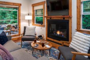 a living room with a fireplace and a tv at Backwoods Cabins in Carson