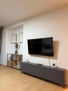 a living room with a flat screen tv on a wall at Ve Dvoře apartmán s vlastní saunou in Kutná Hora