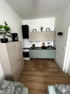 a small kitchen with white cabinets and a wooden floor at Ubytování Na Kovárně in Smržovka