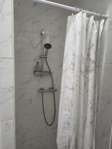 a shower with a white shower curtain in a bathroom at Namur cozy apartment in Namur