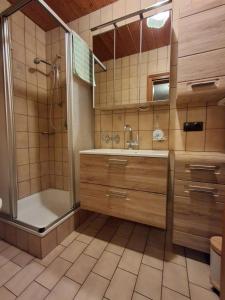 a bathroom with a shower and a sink and a tub at Gästehaus Gapp in Wildermieming +22 photos