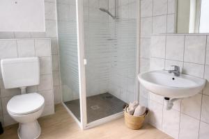 a bathroom with a shower and a toilet and a sink at Monteur- und Ferienunterkunft Waghäusel in Waghäusel