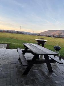a picnic table with a grill next to a field at Chez David & Magali in Dommartin-lès-Remiremont