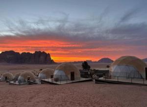 a group of tents in the desert at sunset at Wadi Rum Luxurious Camp View in Wadi Rum