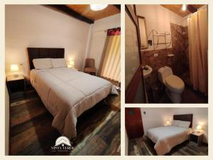 two pictures of a bedroom with a bed and a bathroom at Hotel Vista Verde in Huancayo