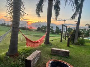 a hammock between two palm trees in a park at Pousada Bonetti Quarto 4 in Santa Rosa