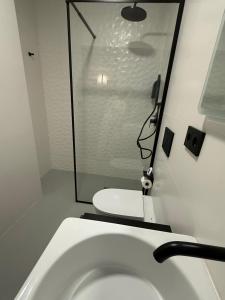 a bathroom with a white toilet and a shower at Adiva A Zapataría in Puentedeume +56 photos