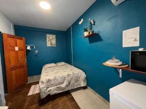 a bedroom with a bed in a blue wall at Cayenne Centre Eco Castor in Cayenne