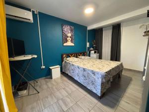 a bedroom with a bed and a blue wall at Cayenne Centre Eco Castor in Cayenne