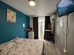 a bedroom with a bed and a blue wall at Cayenne Centre Eco Castor in Cayenne