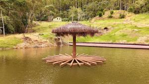 a large umbrella in the middle of a body of water at Fazenda Vale Dourado in Nova Friburgo