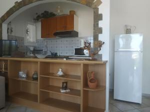 eine Küche mit weißem Kühlschrank und Holzschränken in der Unterkunft Epicharis Studios in Vathy