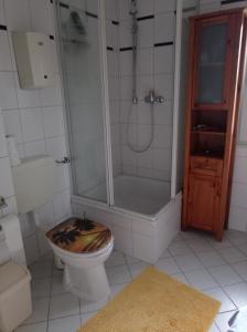 a bathroom with a shower and a toilet with a wooden seat at Doppelzimmer mit Gartenblick in Reckershausen