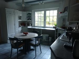 a kitchen with a table and chairs and a window at Doppelzimmer mit Gartenblick in Reckershausen