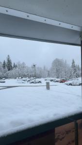 una vista di un parcheggio coperto di neve attraverso una finestra di Charmant Studio a Prémanon