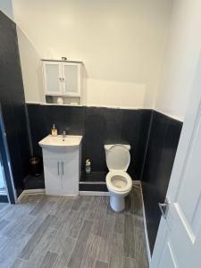a bathroom with a white toilet and a sink at Elegance apartments in West Cornforth