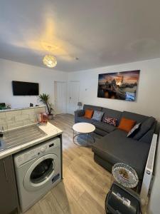 a living room with a couch and a washer at Elegance apartments in West Cornforth