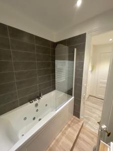 a bathroom with a white tub and a shower at Hôtel de Ville, T3, 2 chambres, 2 salles de bain in Saint-Étienne