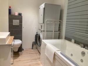 a bathroom with a washing machine in a tub at Hôtel de Ville, T3, 2 chambres, 2 salles de bain in Saint-Étienne +3 photos