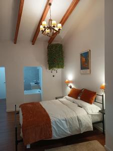 a bedroom with a bed and a chandelier at Casa el Pato Lolo in Bolbaite