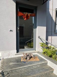 a dog laying on a mat in front of a door at La Casa di MBAPE in Meda