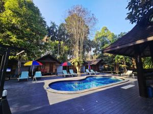 a pool with chairs and umbrellas next to a house at Khao Sok Cabana Resort in Khao Sok National Park