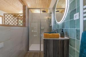 a bathroom with a shower and a sink at Le cabanon in Mauressac +20 photos