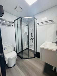 a bathroom with a shower and a toilet and a sink at Coolhomtel in Semporna +7 photos