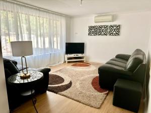 a living room with a couch and a chair and a television at Clare Cottage on Wendouree in Clare