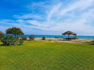 a picnic table and an umbrella on the beach at Giman Free Beach Resort Pasikuda in Pasikuda +151 photos