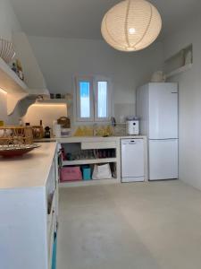 a kitchen with white appliances and a counter top at Lobster House Antiparos in Antiparos