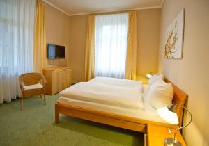 a bedroom with a bed and a chair and a television at Appartements Residenz Jacobs in Ballenstedt