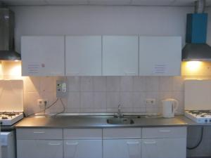 een keuken met witte kasten en een wastafel bij Pension Zevenbergen in Zevenbergen