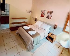a bedroom with a bed and a table and a chair at Refúgio dos Pássaros in Gonçalves +7 photos