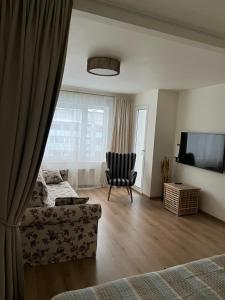 a living room with a couch and a chair and a television at Lapu ielas apartment in Ogre