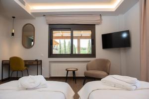 a hotel room with two beds and a television at Serenity Residence in Neoi Epivates