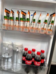a refrigerator filled with bottles of cocacola at DG Luxe Suites - Cabanatuan in Bangad