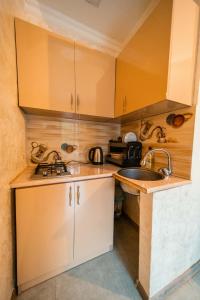 a kitchen with wooden cabinets and a sink at Forest in Khulo