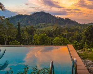 a swimming pool with a view of a mountain at Gilbys Eco Bungalow in Udaweliwitiya