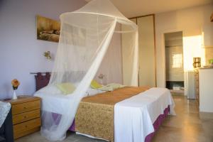 a bedroom with a bed with a mosquito net at Melina's sunset-Cozy studio with amazing sea view and sunset in Myrties