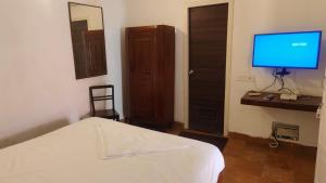 a bedroom with a bed and a tv on a wall at Le Aham Boutique Hotel in Kuilapayam