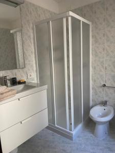 a bathroom with a shower and a sink and a toilet at Casa Piccola in Tremosine Sul Garda